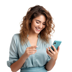 Wall Mural - Happy young woman using cell phone, cut out