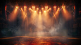 Fototapeta Przestrzenne - concert stage with illuminated spotlights and smoke. Stage background with copy space
