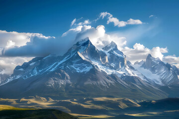 Spectacular scene of a snow mountain, a beautiful mount top inspiring mountains landscape background for a tourist travel poster ai generated illustration