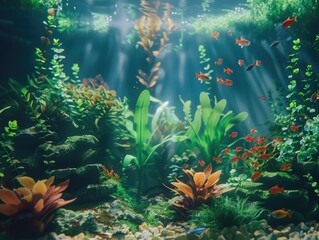 Wall Mural - A fish tank with a variety of fish and plants