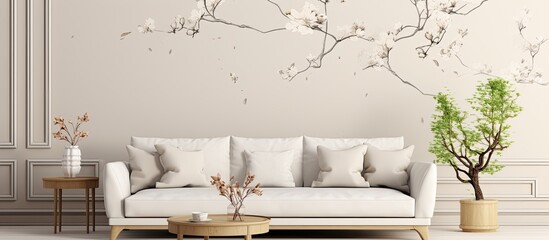 Wall Mural - A stylish modern white couch placed next to a wooden table featuring a vibrant green plant as decoration