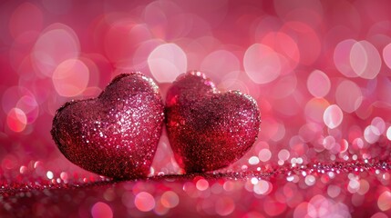 Wall Mural - Glittering Hearts on Shiny Pink Background - Valentine's Day Concept