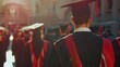 A group of graduates wearing caps and gowns are walking down a street. Scene is celebratory and proud, as the graduates are dressed in their academic regalia and walking together as a group