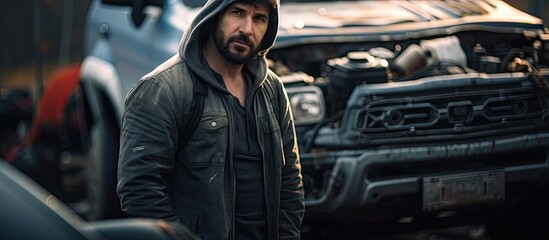 A man wearing a hoodie is standing in front of a car with the hood raised, looking at the engine