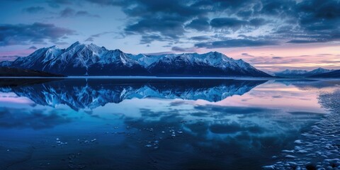 Wall Mural - A beautiful blue lake with mountains in the background. The sky is a mix of blue and orange, creating a serene and peaceful atmosphere