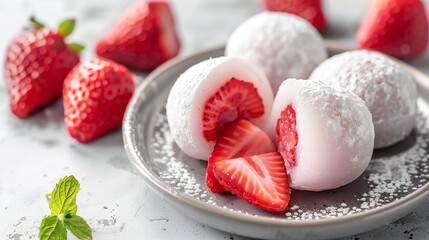 Wall Mural - Fresh strawberry mochi ice cream on a plate with powdered sugar, a traditional Japanese dessert perfect for summer or celebrations, close-up with whole strawberries