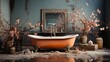 A bathtub in a room with peeling walls in a strange style. Generative AI.