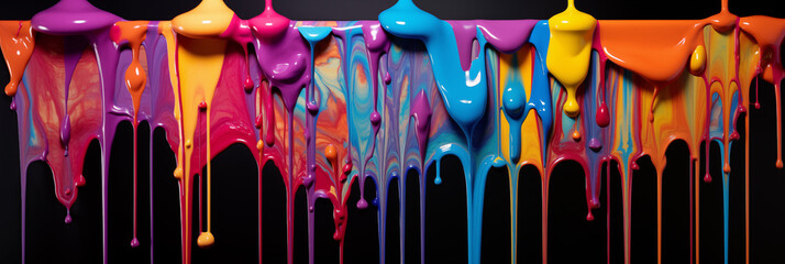 Wall Mural - Colorful acrylic paint dripping with liquid drops, on black background art design