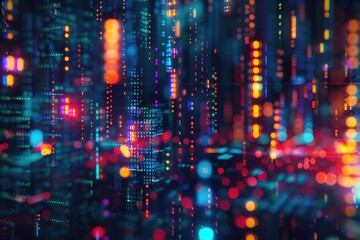 Wall Mural - A colorful cityscape with many lights and dots. The image is abstract and has a futuristic feel to it