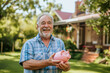 Happy senior homeowner with piggy bank outdoors on house background. Real estate purchase, home savings, mortgage loan market concept