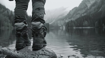 Wall Mural - A man is standing on a rock by a lake wearing hiking boots. The image has a serene and peaceful mood, with the man's boots and the lake creating a sense of calmness
