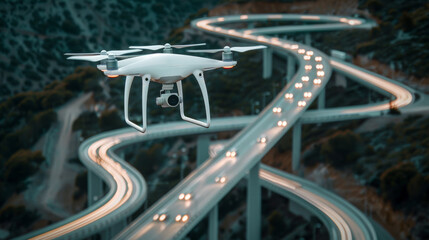 Poster - A futuristic scene of a drone flying over a neon-lit megacity at night, self-driving vehicles gliding along elevated