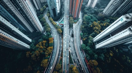 Poster - A serene drone image of a city nestled amidst lush greenery, showcasing a harmonious blend of nature and