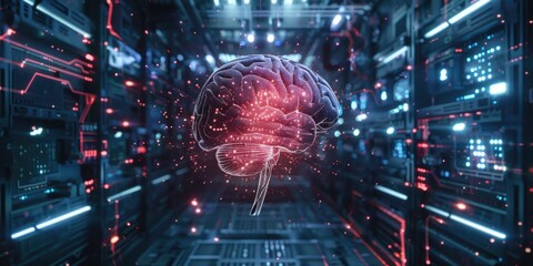 Wall Mural - A brain is shown in a computer simulation, surrounded by wires and glowing red. Concept of technology and artificial intelligence, as well as the complexity and intricacy of the human brain