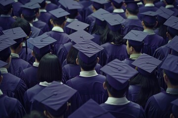A large group of people wearing graduation caps and gowns. Scene is one of celebration and accomplishment