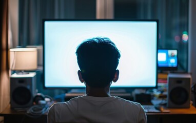 A young man works intently on his laptop at home, the bright white screen reflecting in his focused eyes.