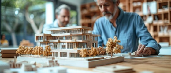 Leinwandbilder - In a bright modern office, a group of business people has a meeting and presentation with a construction engineer, architect, and worker looking at blueprints and models of a new building.