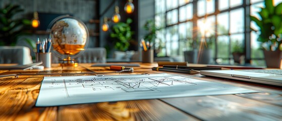 Aufkleber - Construction project ideas background, with drawing equipment and mining light, with architecture desk background.