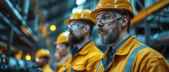 Leinwandbilder - Engineers from heavy industry stand in a pipe manufacturing factory utilizing digital tablets to discuss design and construction of oil, gas and fuel pipelines.