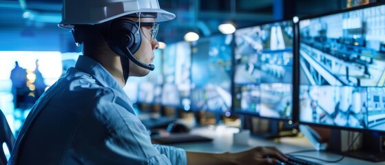 Leinwandbilder - The operator of an Industry 4.0 modern factory is responsible for ensuring the proper functioning of the production line, using a computer and screens to display surveillance camera feeds. Our