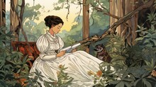 A Woman Is Reading A Book In A Forest. A Dog Is Sitting Next To Her. The Scene Is Peaceful And Serene