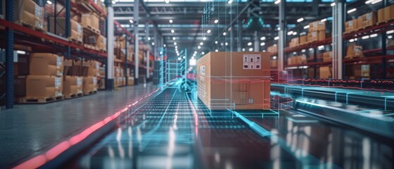 Fototapete - Future Tech Retail Warehouse: Analyzing Goods, Cardboard Boxes, Products Delivery Infographics in Logistics, Distribution Centers using Industry 4.0 Techniques