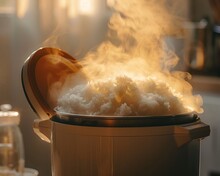 Hot Rice Cooker Opened, Steam Swirling, Closeup, Warm Light, Homely Feel , Ultra HD