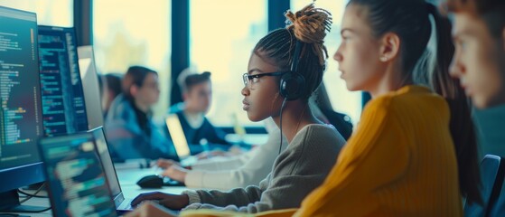 Scholars collaborate on a computer science project in a college lab, writing code in successful teamwork with diverse multiethnic classmates.