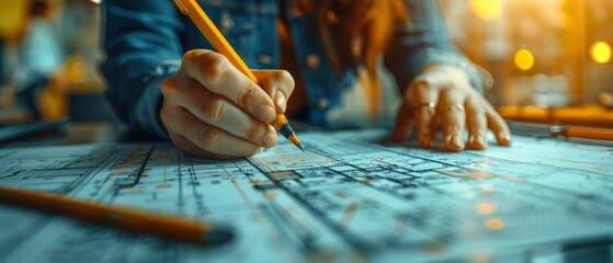 Aufkleber - Photograph of someone's engineer sketching a plan on a blue print with architectural equipment.