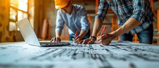 Aufkleber - On a working site, a young engineer uses a laptop computer to write a presentation for the meeting and points to a building on a blueprint.