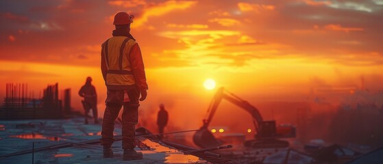 Aufkleber - An image of a construction worker controlling a concrete pump on a construction site with a sunset in the background