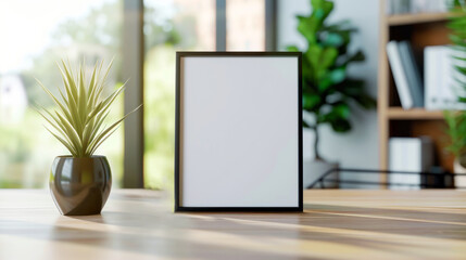 Sophisticated office desk with photo frame mockup, modern workplace with city view and greenery