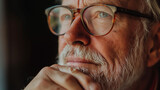 Fototapeta  - Older man wearing glasses is holding his chin with one hand while looking off into the distance. Contemplation.