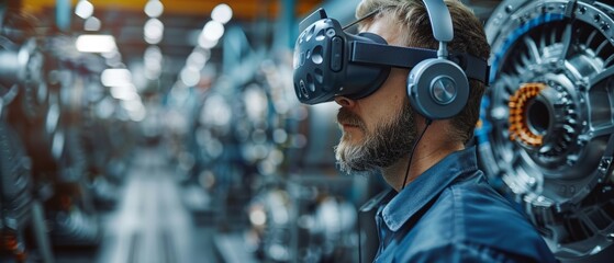 Poster - A factory chief engineer wearing a VR headset designs an engine turbine on a holographic projection table. A futuristic design of a mixed reality application using virtual reality.