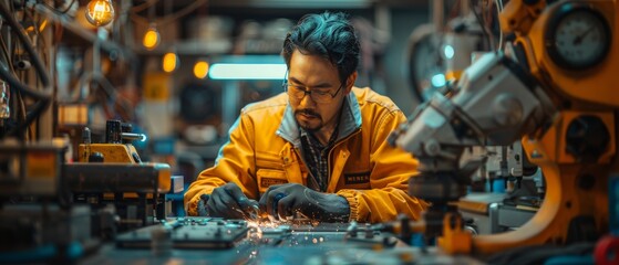 Leinwandbilder - In an intelligent factory industrial, the manager engineer monitors and controls robotic arms machines on a real-time monitoring system software, welding robotics and digital fabrication.