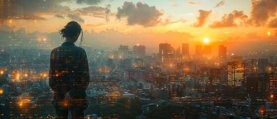 Aufkleber - Throughout the double exposure image of the engineer standing back at sunrise, a cityscape image overlays the engineer. The concept of engineering, construction, city life and the future is
