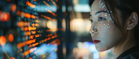 Aufkleber - This is a portrait of an Asian woman working at her desk with a computer, and line of code reflecting on her face. She is developing a revolutionary e-commerce app that uses AI and big data.