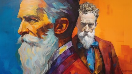 Wall Mural - Two men with beards and one wearing a red jacket. The painting is titled 