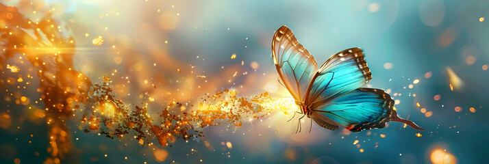 Wall Mural - a blue and yellow butterfly flying through a blue and yellow sky with gold flecks on it's wings.