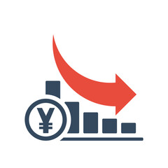 Wall Mural - Bar chart with falling exponential trend and red arrow. Yuan negative dynamic concept. Yen positive inflation indicator.