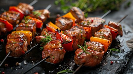 Poster - Grilled beef skewers with bell peppers, garnished with rosemary and spices on a dark stone background, ideal for barbecue parties or culinary websites