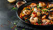Close-up of a colorful seafood paella in a pan featuring shrimp, mussels, and vegetables, garnished with parsley, reflecting Spanish cuisine concept on a dark background
