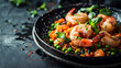 Gourmet shrimp and vegetable stir-fry with fresh basil garnish, served on a dark plate, ideal for culinary, health, or lifestyle-themed content