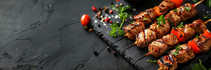 Wall Mural - Grilled pork skewers with bell peppers and herbs, barbeque concept, shot on a dark slate background with copy space