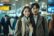 full length photo. In a busy airport terminal, asian couple in a stylish suits with luggages stands out from the throngs of travelers