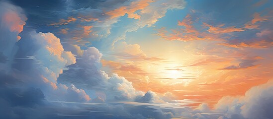 Wall Mural - the suns rays are piercing through the fluffy cumulus clouds in the azure sky, creating a beautiful 