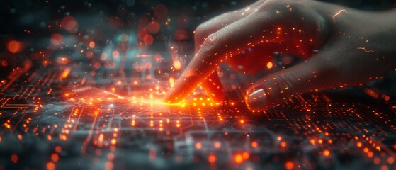 Leinwandbilder - Innovate and create concept with a female hand pointing at abstract glowing cubes on blurred circuit background. Double exposure.