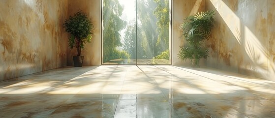 Fototapete - 3D rendering of an empty room with sun light casting a shadow on the wall. Perspective of minimal design architecture.
