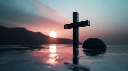 Wall Mural - Cross in water at sunset