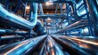 Glistening steel pipes in a high-tech factory, showcasing industrial might and precision engineering.
